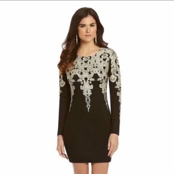 Gianni Bini | Dresses | Gianni Bini Black Gold Embroidered Bodycon Dress M 